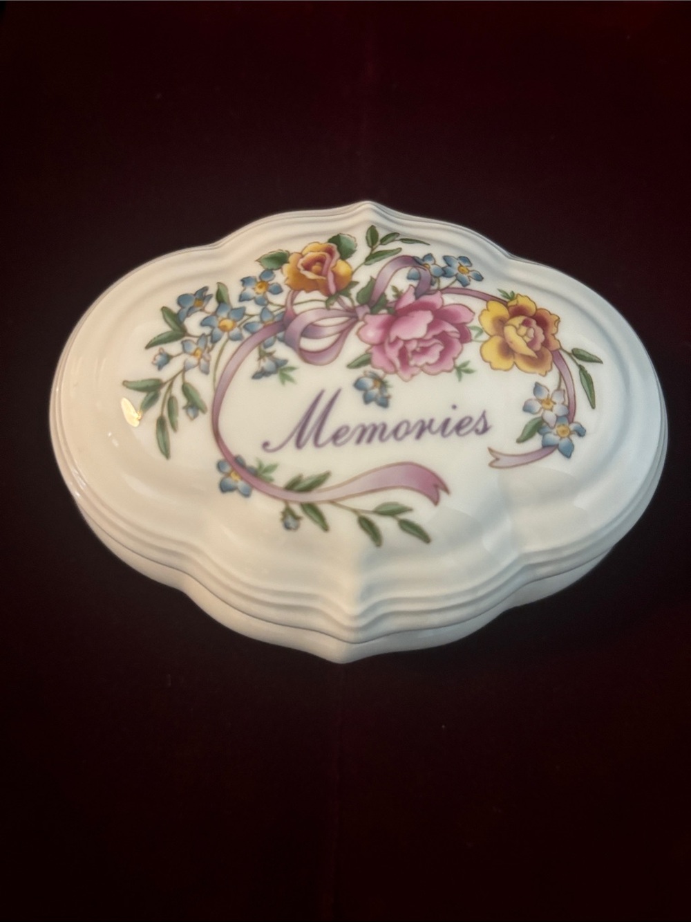Avon Vintage Musical Japan White Porcelain Trinket Dish with Purple Marking